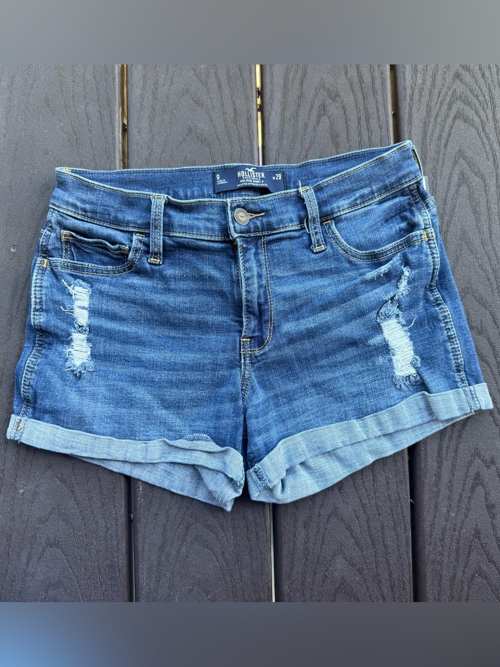 Hollister Blue Distressed Rolled-Hem Denim Shorts
